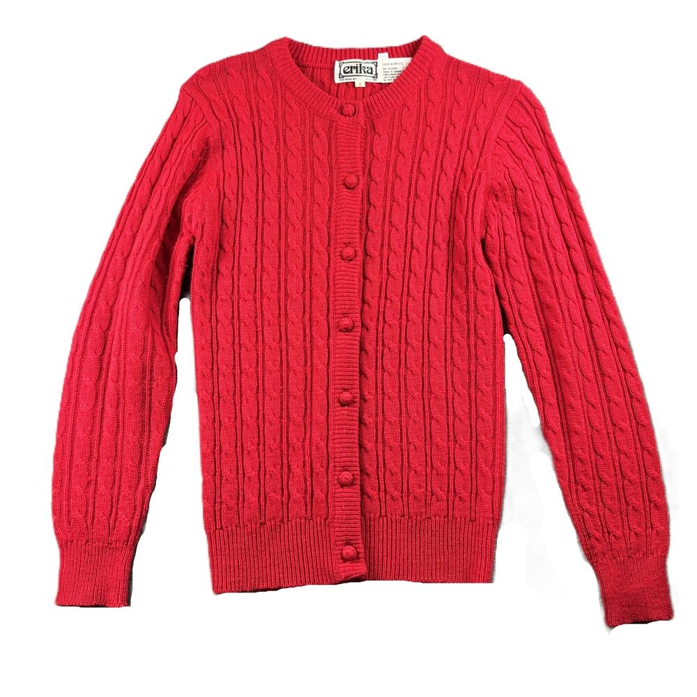 Erika Women Cardigan Sweater Vintage Cable Knit Preppy Nautical Red Small Q148